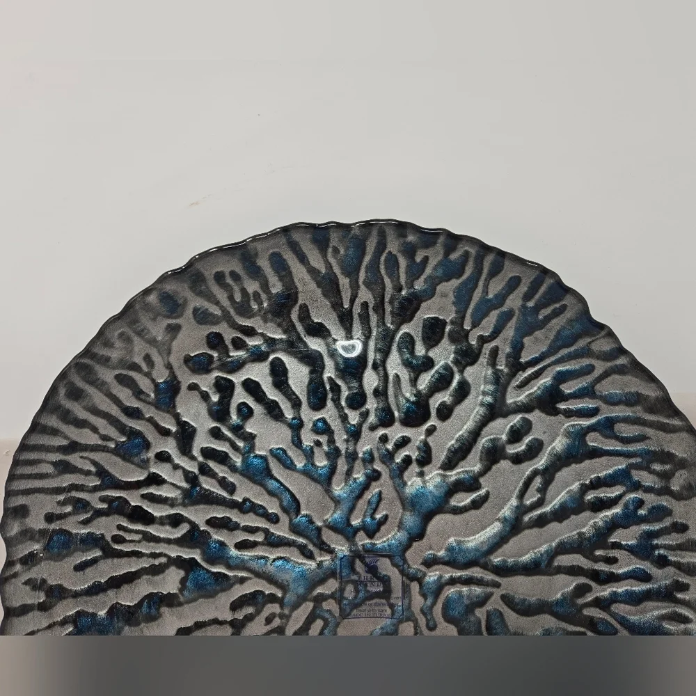 Three Hands Coral Blue Dish Platter Plate Hand Painted Sea Ocean Beachy Look